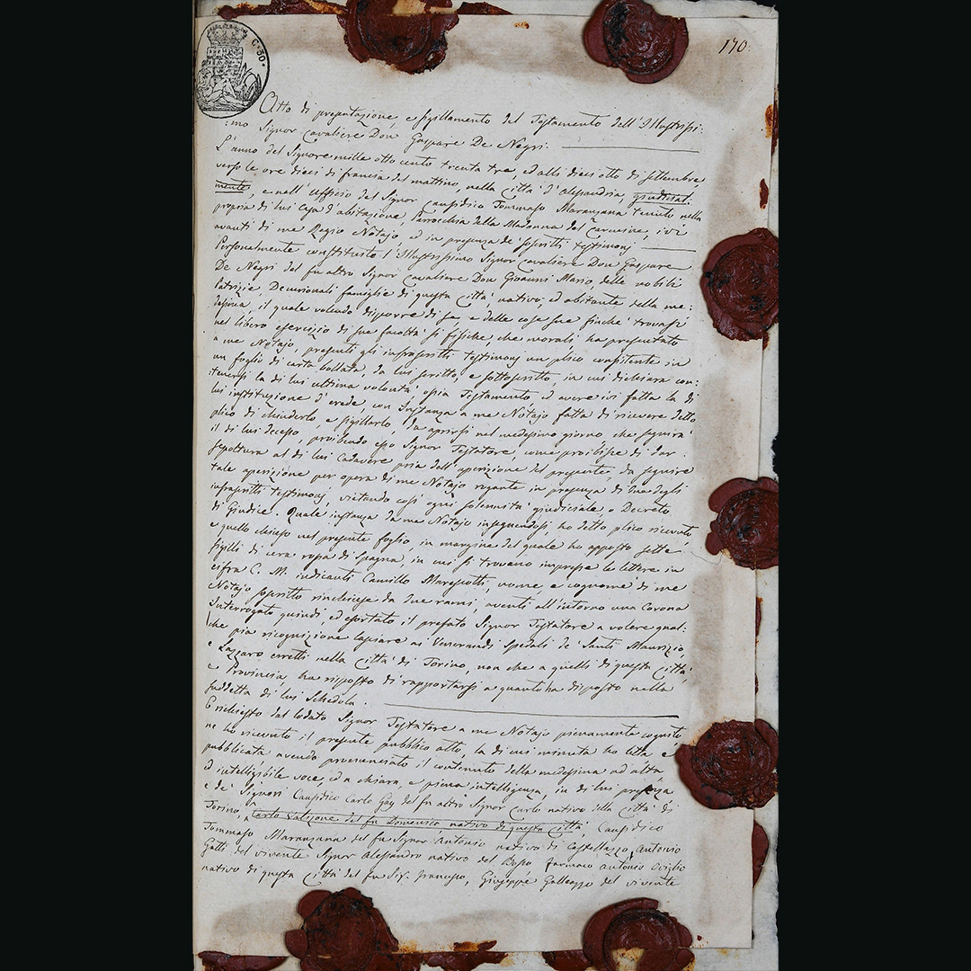 1833, settembre 8, Alessandria
Atto di presentazione e sigillatura del testamento dell’illustrissimo signor cavaliere don Gaspare de Negri     
(ASAL, Archivio Notarile di Alessandria, III versamento, notaro Marescotti Camillo, vol. 328, c. 170)